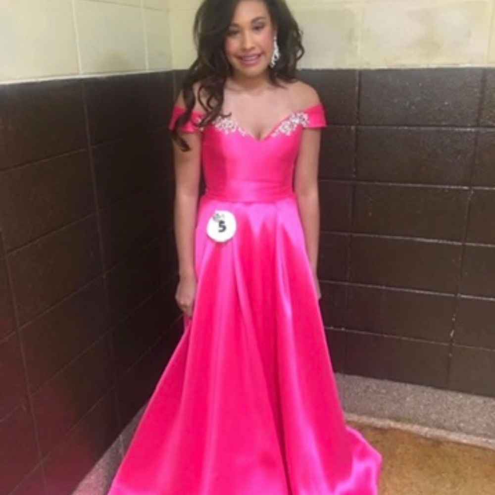 Sherri Hill Vibrant Pink Off-Shoulder Kids Dress